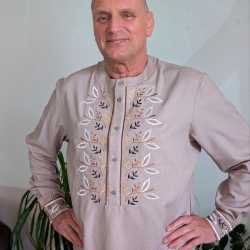 Ukrainian hand embroidered shirt for men Mocha mousse linen shirt Colorful ethnic embroidery Slavic costume Easter gift