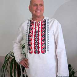 Ukrainian hand embroidered shirt for men White organic linen wedding costume Slavic red cross stitch embroidery Ethnic Easter gift