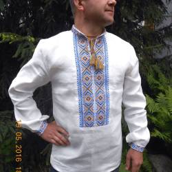Ukrainian hand embroidered linen shirt for men Ethnic cross stitch blue yellow embroidery White slavic wedding costume Easter gift