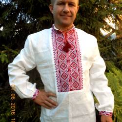 Ukrainian hand embroidered shirt for men White organic linen wedding costume Slavic red cross stitch embroidery Ethnic Christmas gift