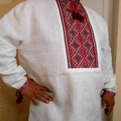 Hand embroidered linen shirt for men Ethnic red & black ukrainian cross stitch Organic long sleeve shirt Slavic costume Christmas gift