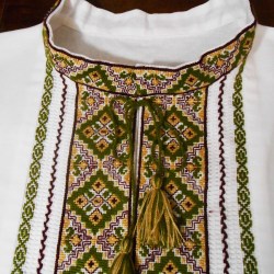 Ukrainian hand embroidered linen shirt Vyshivanka Slavic chartreuse beige cross stitch embroidery Folk wedding costume Christmas gift
