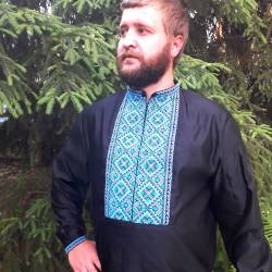 Hand embroidered linen shirt Black organic shirt for men Ethnic ukrainian embroidery Blue cross stitch Slavic costume Christmas gift