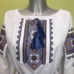 Ukrainian embroidered blouse for women Slavic blue & olive embroidery White ethnic wedding costume Folk outfit for lady Easter gift
