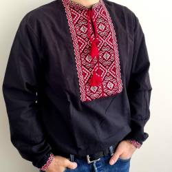 Black hand embroidered linen shirt for men Cossack folk shirt  Ethnic ukrainian embroidery Red cross stitch Slavic Christmas gift