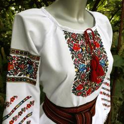 Romanian embroidered blouse for women Slavic embroidery with roses White floral ethnic costume Easter gift Ukrainian wedding dress