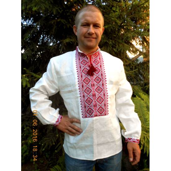 Ukrainian custom embroidered shirt for men White linen wedding costume Slavic red black cross stitch embroidery Ethnic Christmas gift